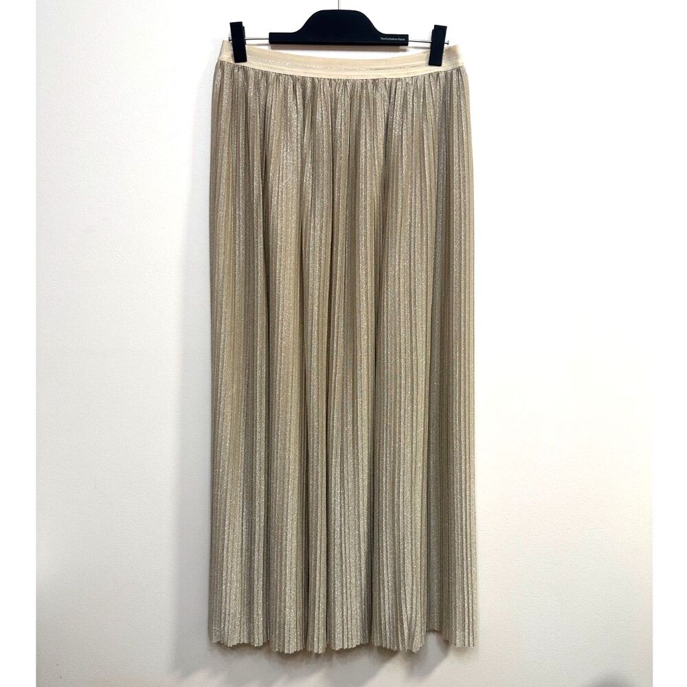 Aerie Metallic Pleated Maxi Skirt M Champagne Gold Silver Shimmer Holiday Party